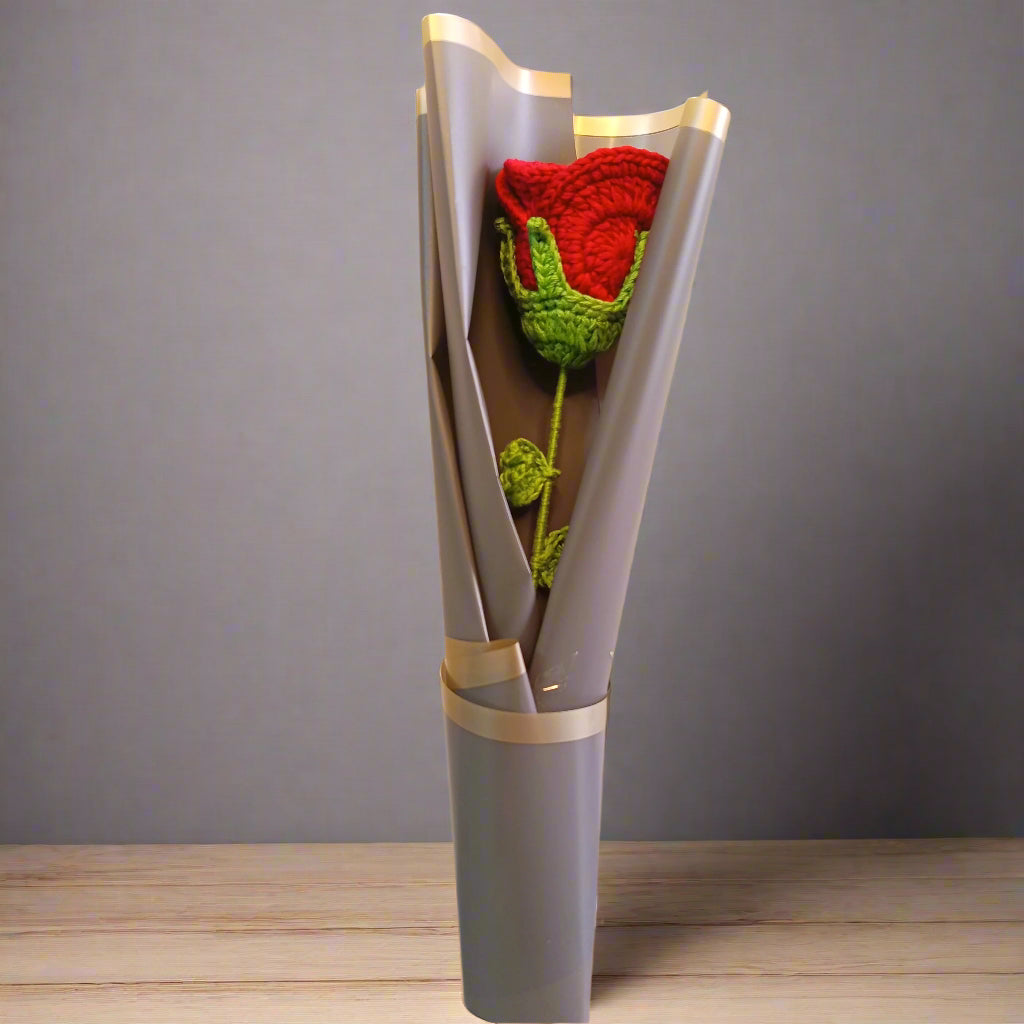 Handcrafted Red Crochet Rose in Elegant Light Gray Wrapping | Gift for Special Occasions | Valentine's Day Gift | Anniversary Gift | Birthday Gifts