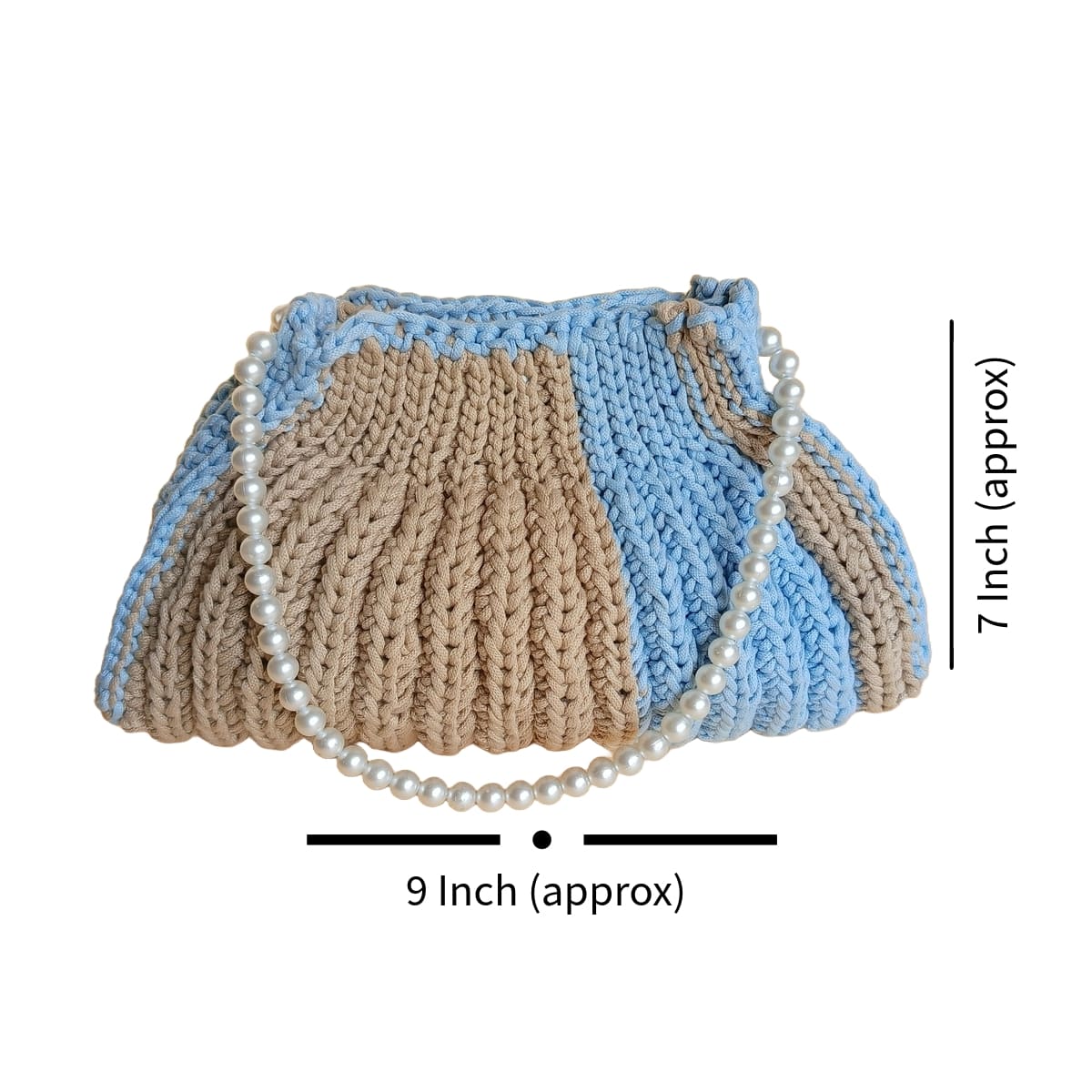 Handcrafted Crochet Handbag, Blue and Brown with Pearl Beads, Ladies Fashion Purse | Festive Handbag | Diwali Gifts