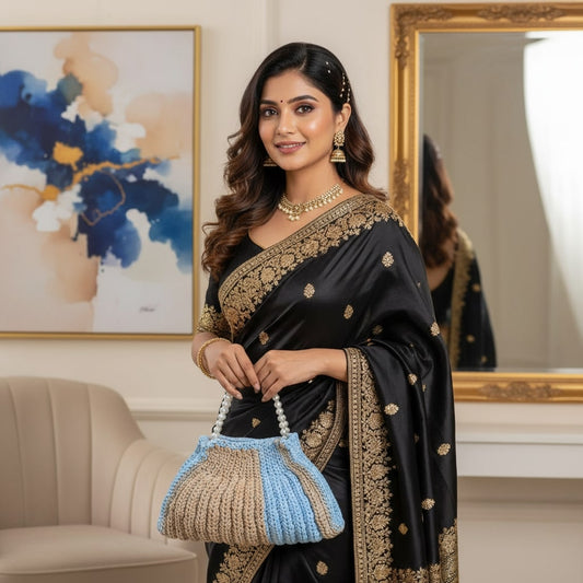 Handcrafted Crochet Handbag, Blue and Brown with Pearl Beads, Ladies Fashion Purse | Festive Handbag | Diwali Gifts