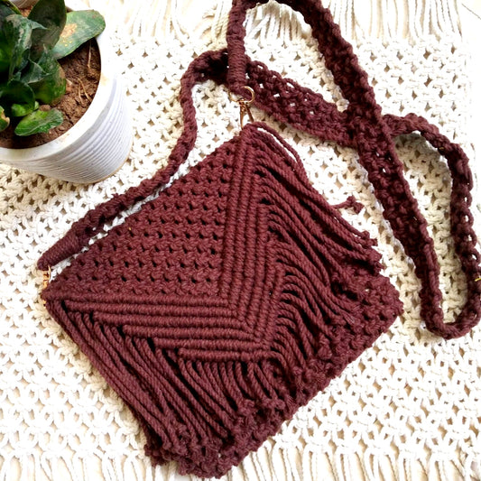 Handcrafted Boho Chic Brown Macrame Bag | Stylish Shoulder Bag with Fringe Design