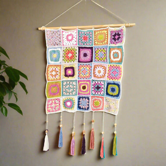 Handcrafted Crochet Granny Square Wall Hanging | Elegant Boho Home Décor with Tassels | Sustainable Wall Art for Living Room, Cafes, Offices | Perfect Housewarming Gift