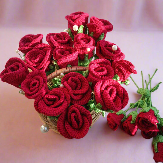 Handcrafted Crochet Red Rose Basket – Bunch of 16 Roses | Eco-Friendly Bouquet for Home Decor & Gifting