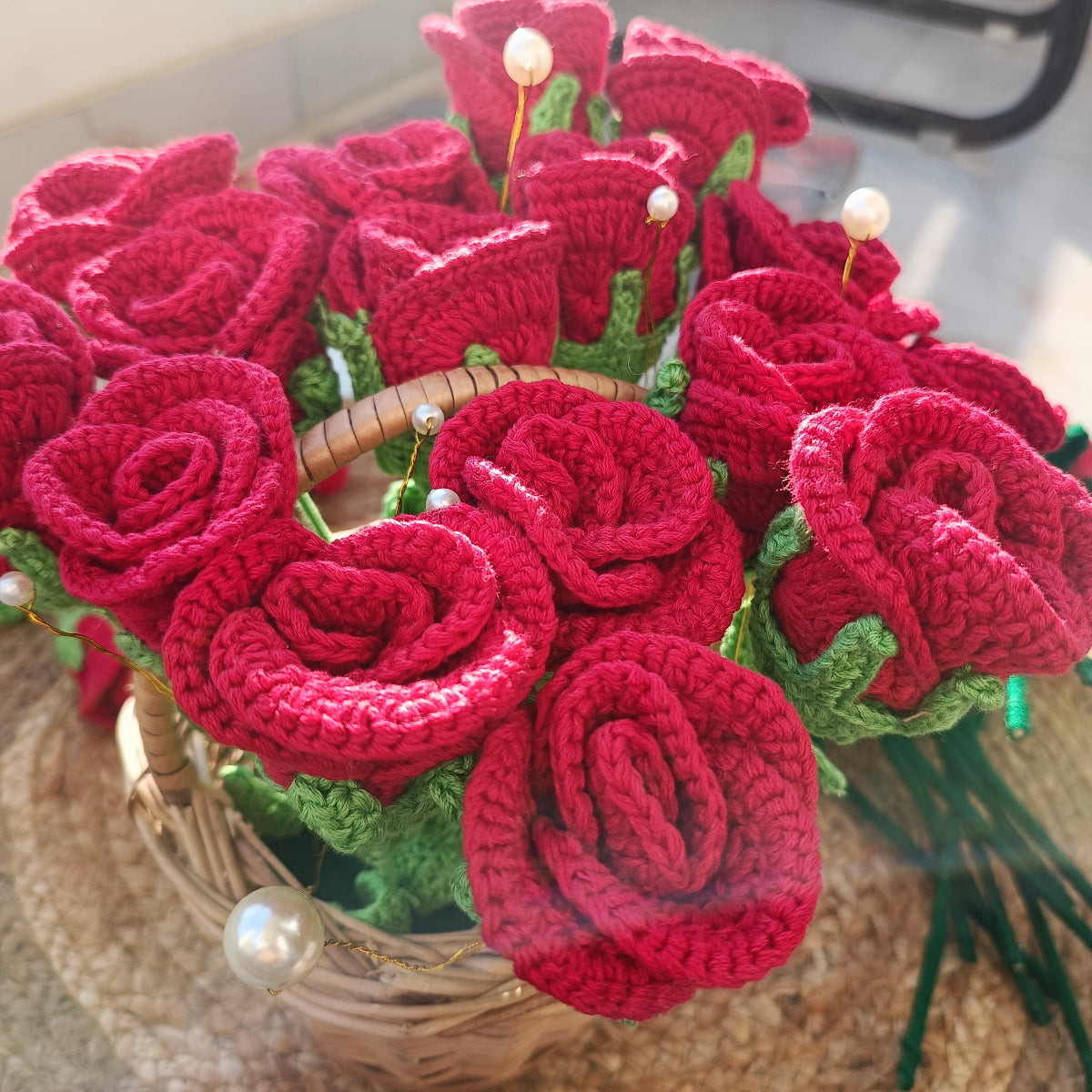 Handcrafted Crochet Red Rose Basket – Bunch of 16 Roses | Eco-Friendly Bouquet for Home Decor & Gifting