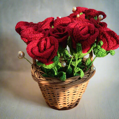 Handcrafted Crochet Red Rose Basket – Bunch of 16 Roses | Eco-Friendly Bouquet for Home Decor & Gifting