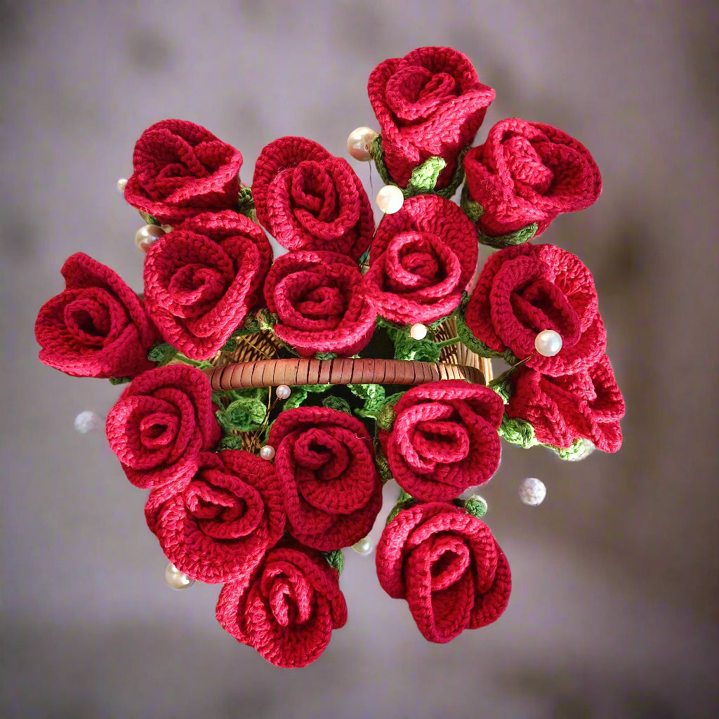 Handcrafted Crochet Red Rose Basket – Bunch of 16 Roses | Eco-Friendly Bouquet for Home Decor & Gifting