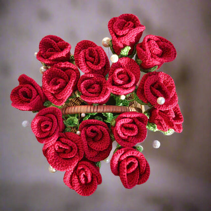 Handcrafted Crochet Red Rose Basket – Bunch of 16 Roses | Eco-Friendly Bouquet for Home Decor & Gifting
