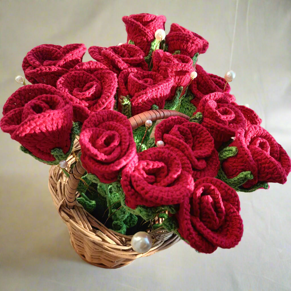 Handcrafted Crochet Red Rose Basket – Bunch of 16 Roses | Eco-Friendly Bouquet for Home Decor & Gifting