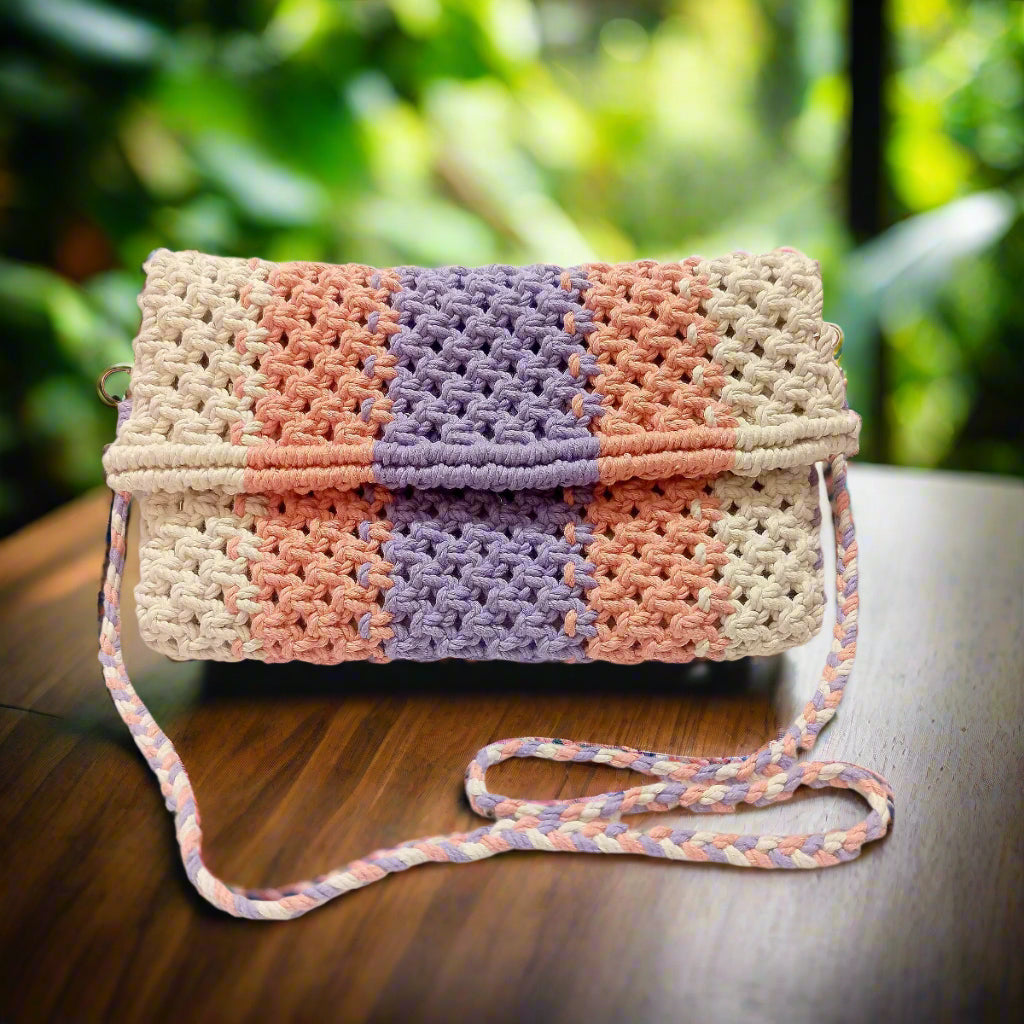 Handmade Macrame Sling Bag - Off-White, Peach & Lavender - Detachable Strap, Zipper Pouch