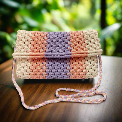 Handmade Macrame Sling Bag - Off-White, Peach & Lavender - Detachable Strap, Zipper Pouch