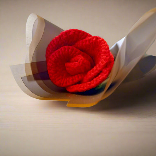 Handcrafted Red Crochet Rose in Elegant Light Gray Wrapping | Gift for Special Occasions | Valentine's Day Gift | Anniversary Gift | Birthday Gifts