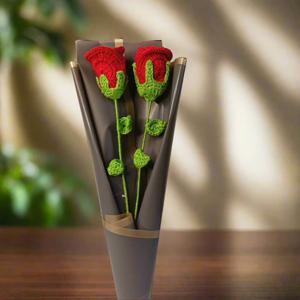 Handcrafted Red Crochet Rose in Elegant Light Gray Wrapping | Gift for Special Occasions | Valentine's Day Gift | Anniversary Gift | Birthday Gifts