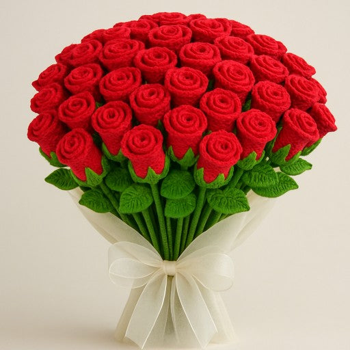 Handmade Crochet 50 Red Rose Bouquet – Everlasting Flowers for Proposals, Weddings & Anniversaries | The Ultimate Romantic Gift for Her | Made in India