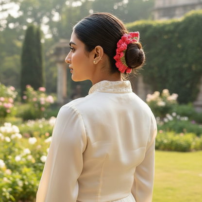 Woman in a white outfit with a red hair gajra scrunchies by Yoda by Art tales