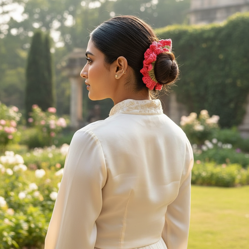 Woman in a white outfit with a red hair gajra scrunchies by Yoda by Art tales