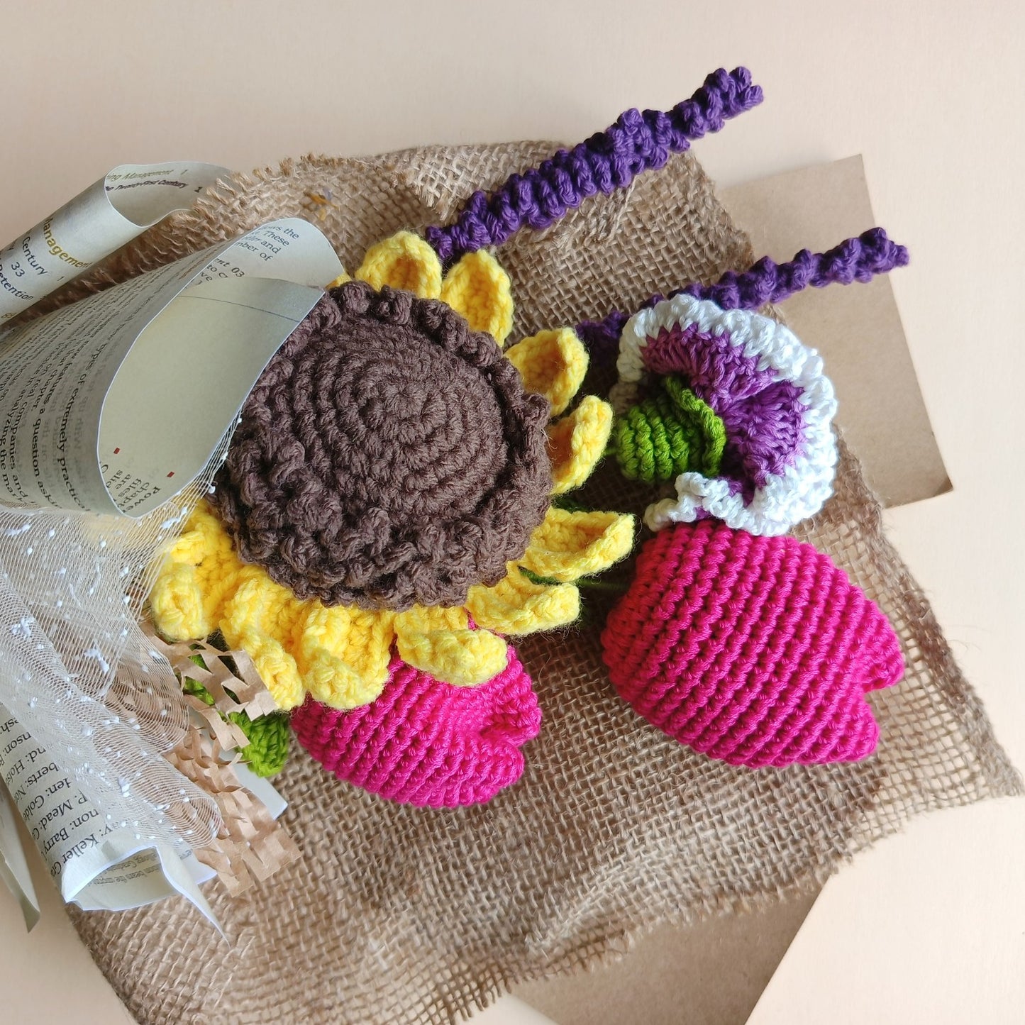 Handmade Crochet Flower Bouquet with Sunflower, Tulips, Lavender and Carnation – Everlasting, Low‑Maintenance, Allergy‑Friendly Gift for Her – Made in India