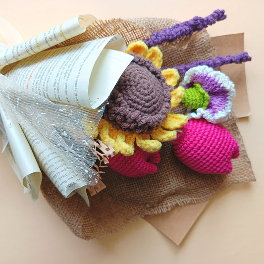 Handmade Crochet Flower Bouquet with Sunflower, Tulips, Lavender and Carnation – Everlasting, Low‑Maintenance, Allergy‑Friendly Gift for Her – Made in India