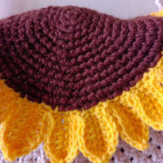 Handmade Macrame Crossbody Bag with Sunflower Crochet Flap | Boho Chic White and Yellow Shoulder Bag