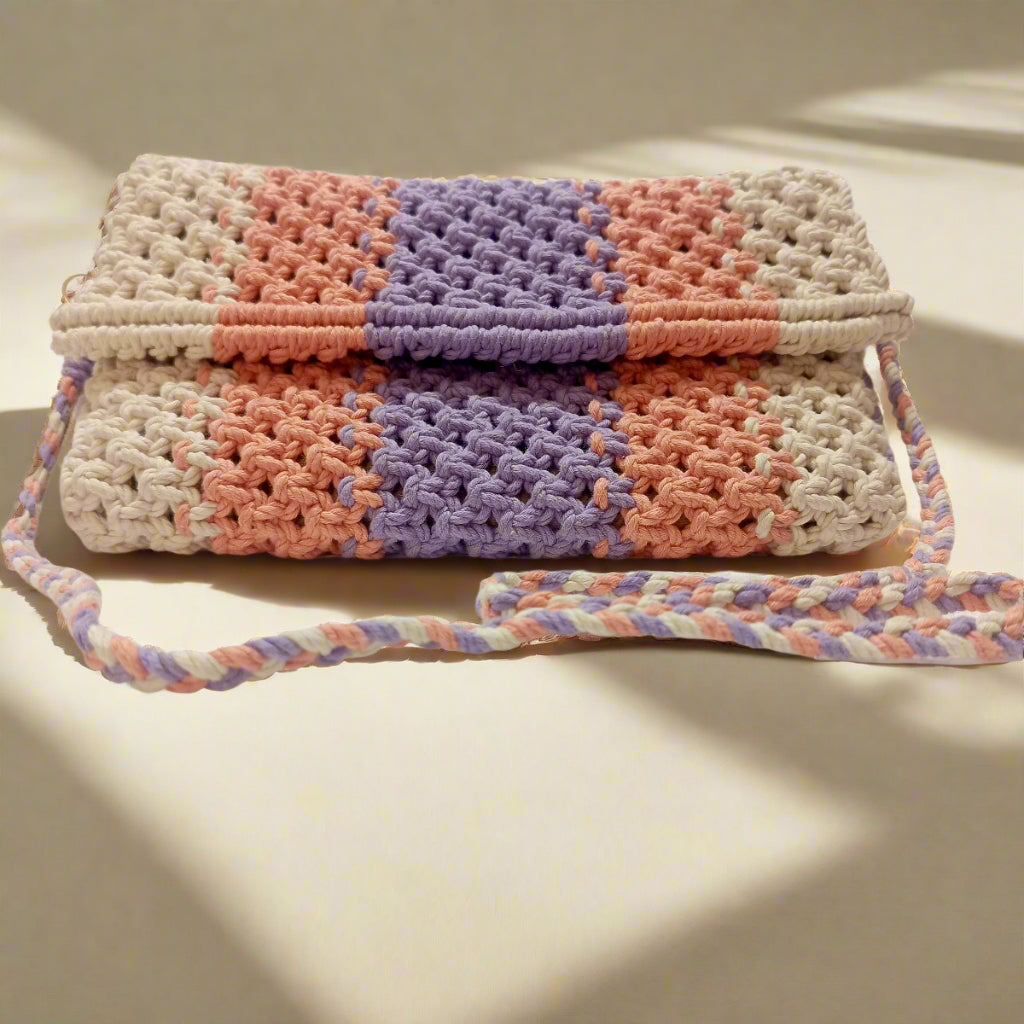 Handmade Macrame Sling Bag - Off-White, Peach & Lavender - Detachable Strap, Zipper Pouch