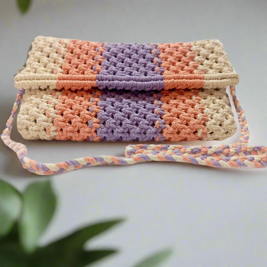 Handmade Macrame Sling Bag - Off-White, Peach & Lavender - Detachable Strap, Zipper Pouch