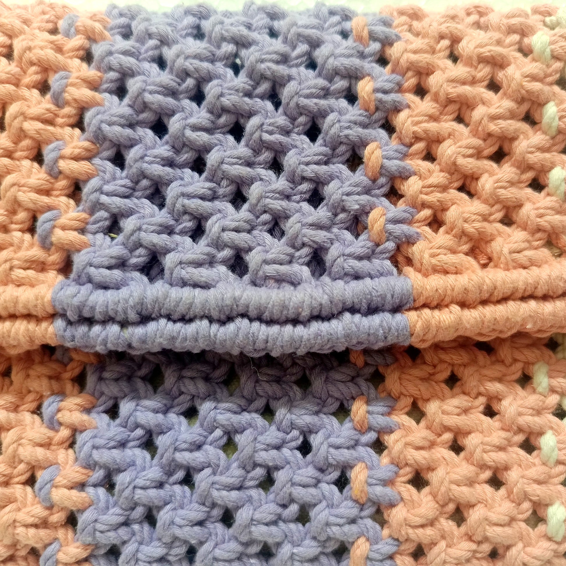 Handmade Macrame Sling Bag - Off-White, Peach & Lavender - Detachable Strap, Zipper Pouch