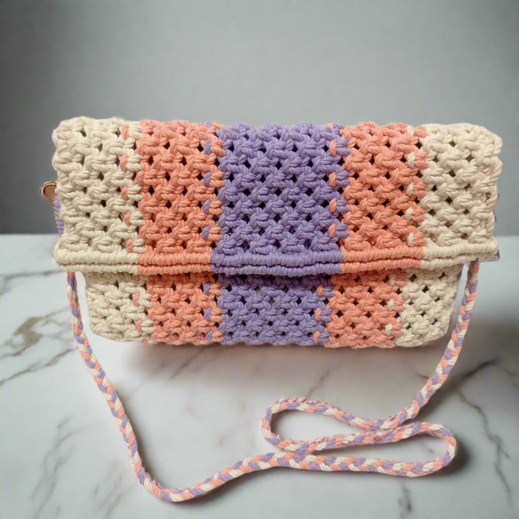 Handmade Macrame Sling Bag - Off-White, Peach & Lavender - Detachable Strap, Zipper Pouch
