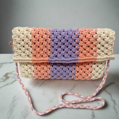 Handmade Macrame Sling Bag - Off-White, Peach & Lavender - Detachable Strap, Zipper Pouch