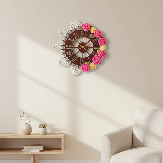 Handmade Wooden Wall Clock with Crochet Roses & Macrame Triangles, 35 cm, Roman Numerals, Diwali Home Decor & Gift, Made in India