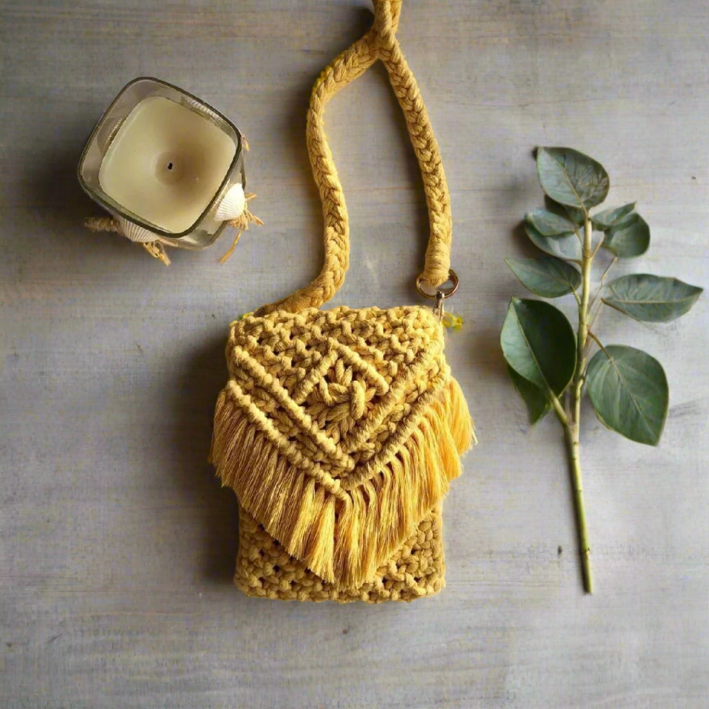 Handmade Yellow Macrame Mobile Crossbody Sling Bag | Boho Cotton Phone Bag for Women | Eco-Friendly, Lightweight, and Stylish Summer Accessory

