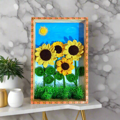 Handmade Crochet Flower Wall Frame – 3D Sunflower & Rose Designs for Home Decor, Gifting, Corporate Hampers & Wedding Events – Wooden Box Frame (2 Variants)