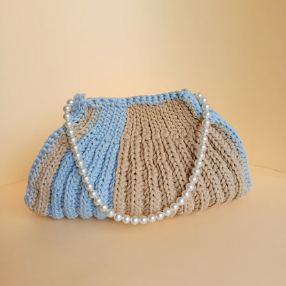 Handcrafted Crochet Handbag, Blue and Brown with Pearl Beads, Ladies Fashion Purse | Festive Handbag | Diwali Gifts