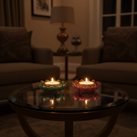 Lotus Inspired Tealight Candles Set of 2 for Diwali Decoration | Long Burning | Smokeless | Candles for Home Decor, Offices, Dining & Special Occasions | Maa Laxmi's Lotus Flower Design