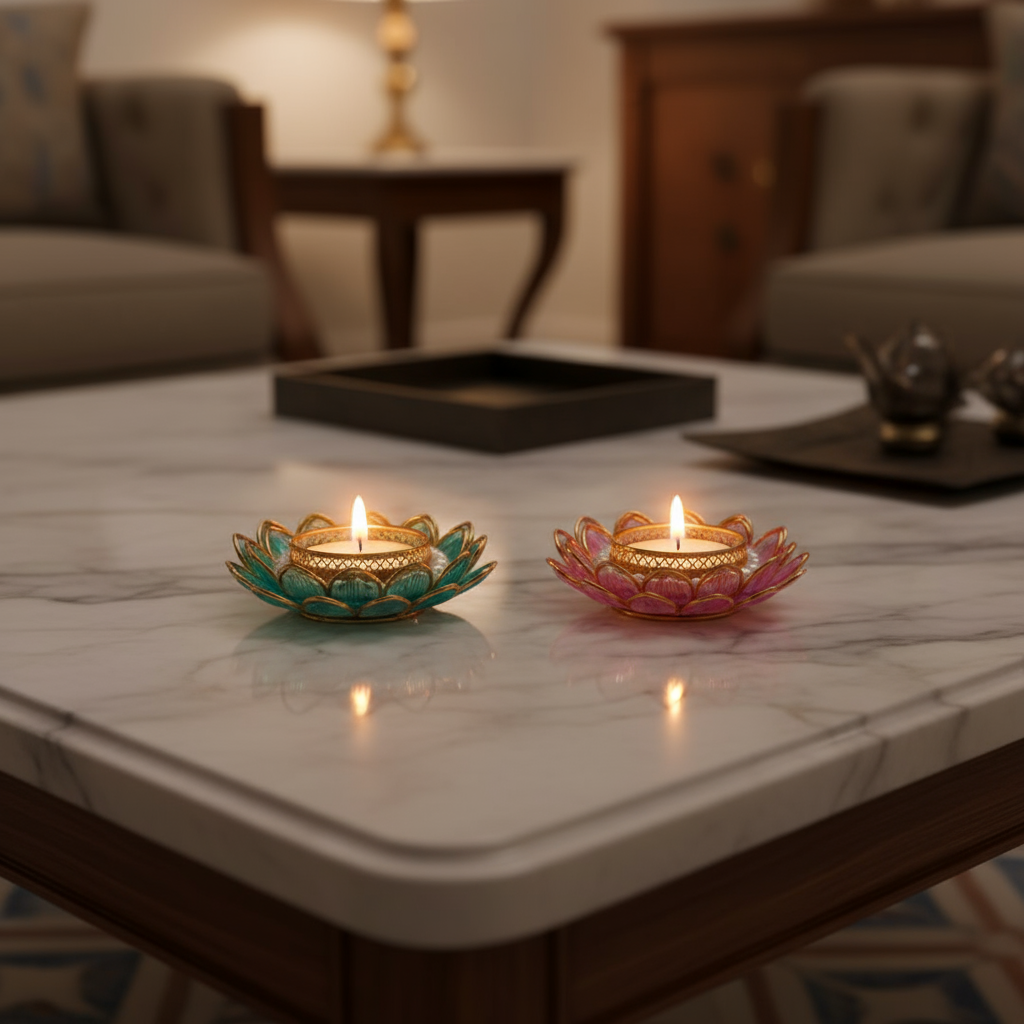 Lotus Inspired Tealight Candles Set of 2 for Diwali Decoration | Long Burning | Smokeless | Candles for Home Decor, Offices, Dining & Special Occasions | Mata Laxmi's Lotus Flower Design