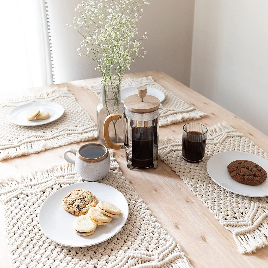 Macrame Dining Table Mats Set of 6 | Handmade Off-White Cotton Placemats for Table Decor & Boho Home Decor