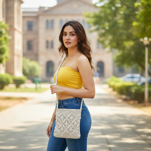 Macrame Crossbody Tote Bag for Women & Men, Off‑White Handmade Boho Shoulder Purse, Lightweight Everyday Multipurpose Bag