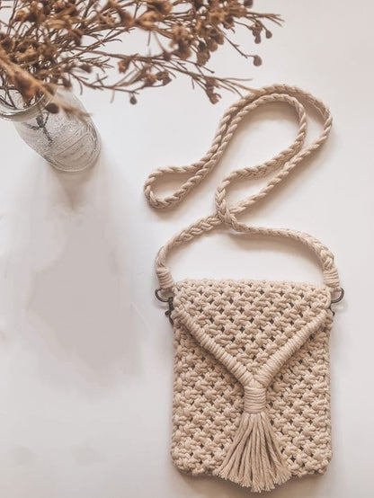 Handmade Macrame Mobile Sling Bag with Tassel | Stylish White Crossbody Bag