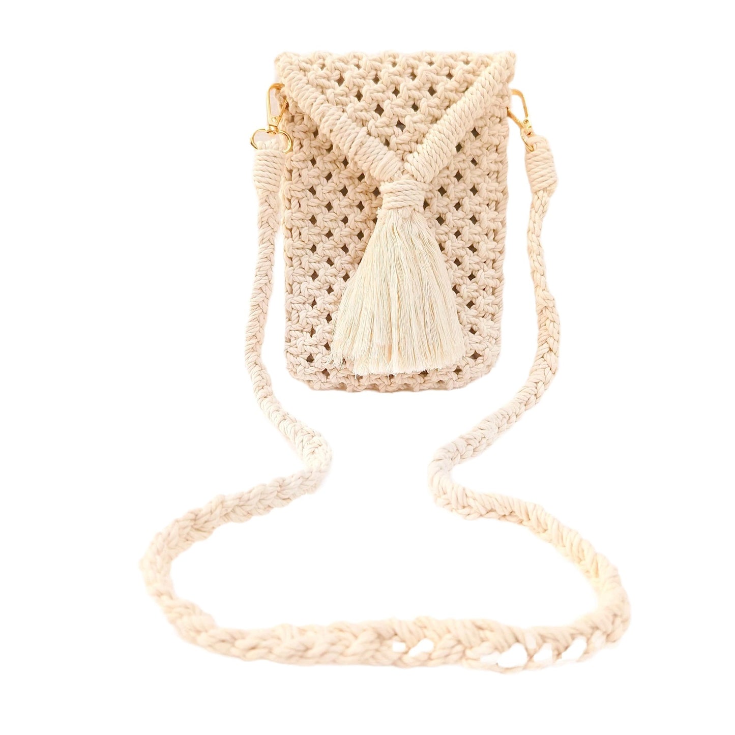 Handmade Macrame Mobile Sling Bag with Tassel | Stylish White Crossbody Bag