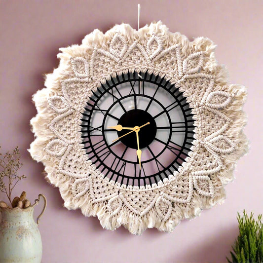 Handmade Wooden Wall Clock with Macrame Artwork | 12-Inch Elegant Decorative Timepiece