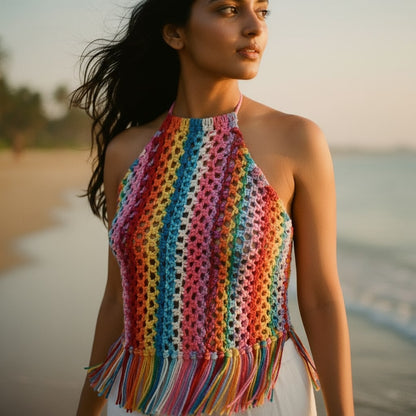 Macrame Halter Crop Top for Women — 100% Cotton Fringe | Made in India