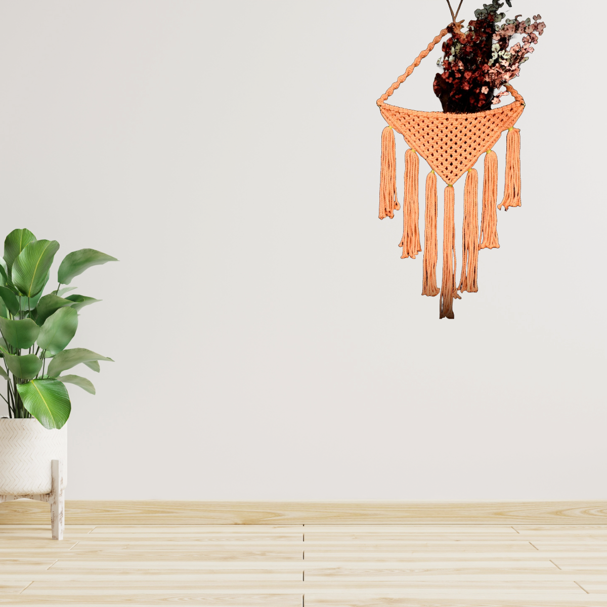 Peach Macrame Wall Pocket Organizer | Handcrafted Wall Hanging with Tassels