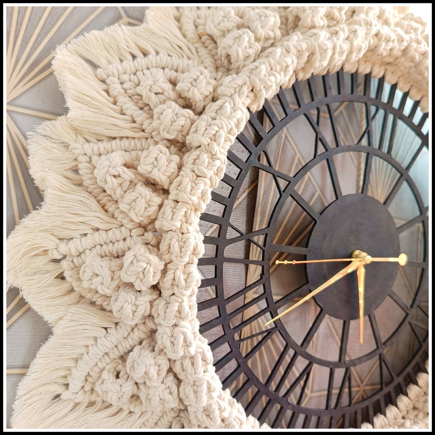 Rustic boho-style wooden wall clock with off-white macrame details
