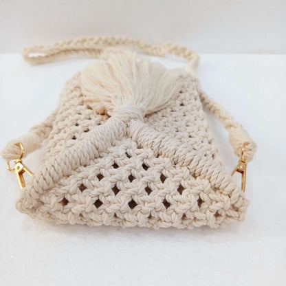 Handmade Macrame Mobile Sling Bag with Tassel | Stylish White Crossbody Bag