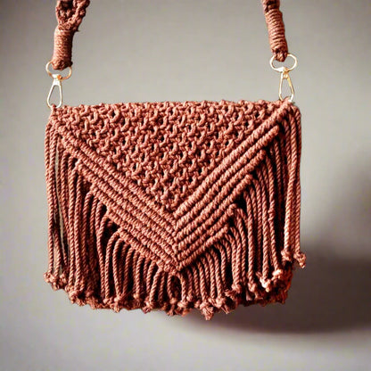 Handcrafted Boho Chic Brown Macrame Bag | Stylish Shoulder Bag with Fringe Design