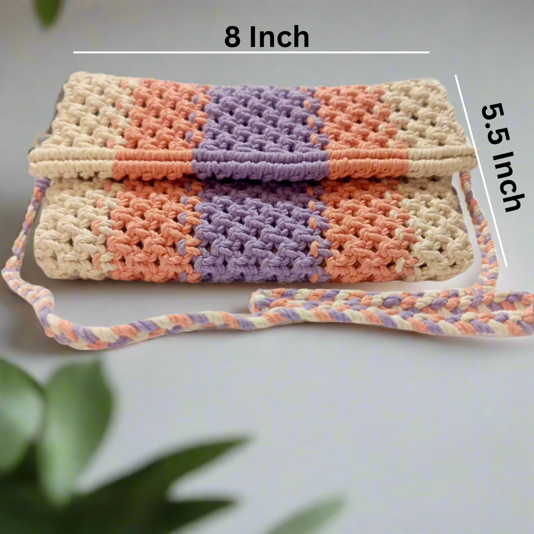 Handmade Macrame Sling Bag - Off-White, Peach & Lavender - Detachable Strap, Zipper Pouch