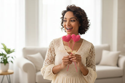 Two pink heart-shaped crocheted items on sticks with a yellow ribbon 