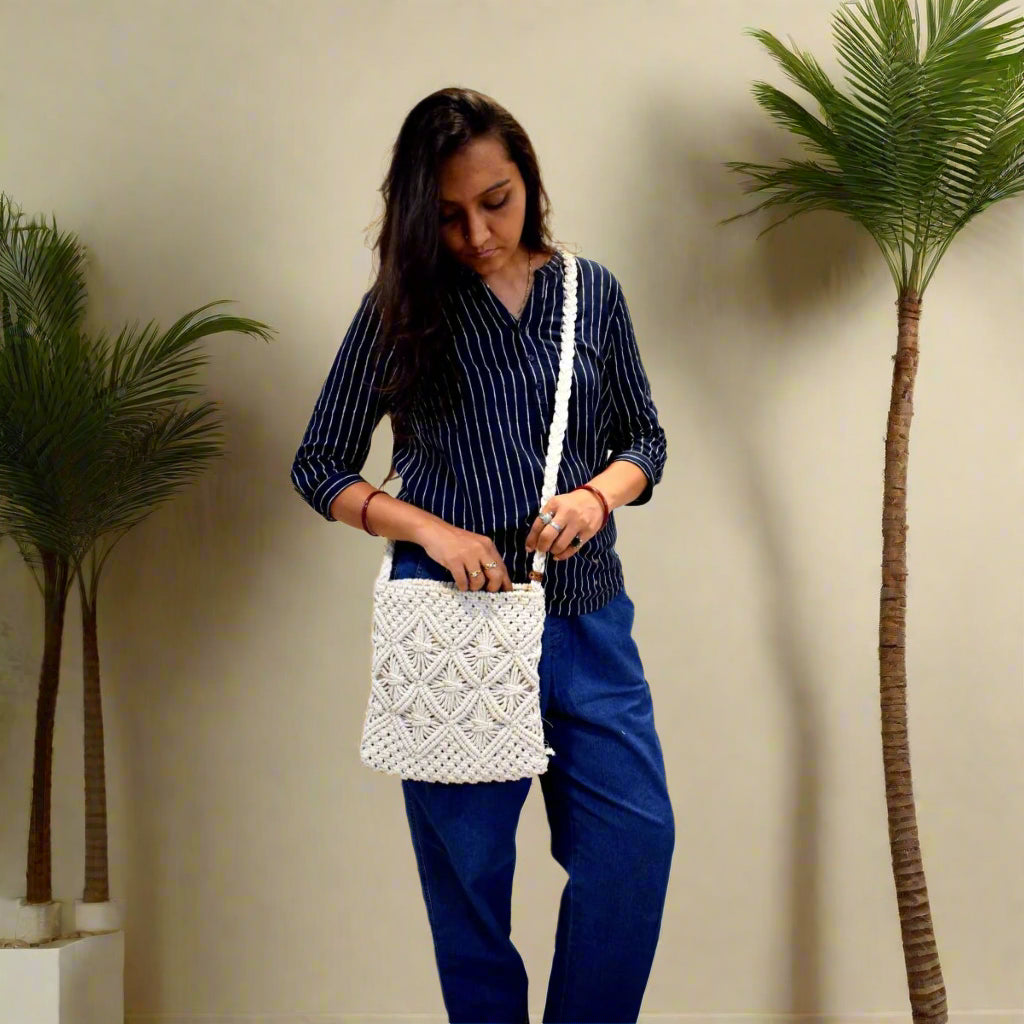 Unisex Off-White Macrame Tote Bag | Handmade Bohemian Multipurpose Shoulder Bag
