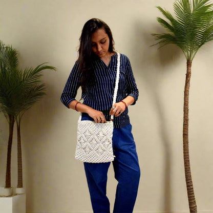 Unisex Off-White Macrame Tote Bag | Handmade Bohemian Multipurpose Shoulder Bag