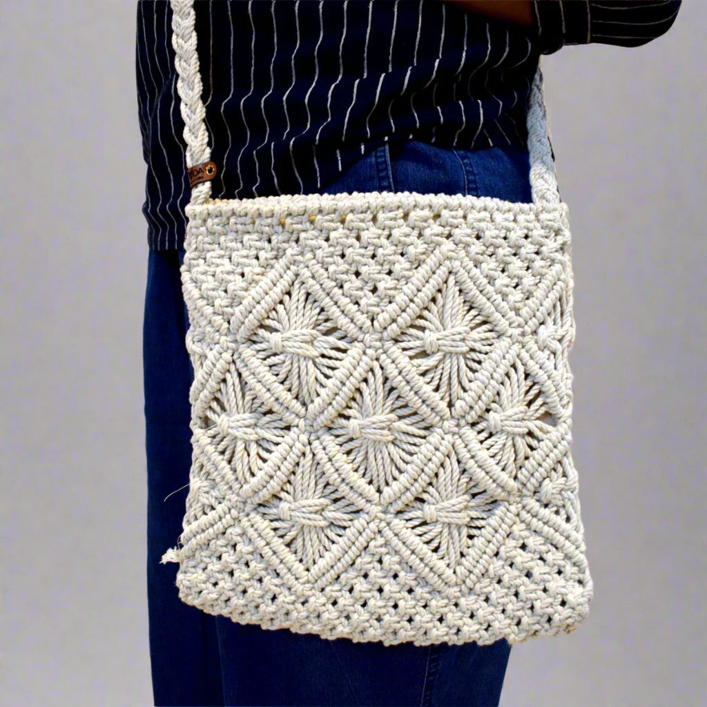 Unisex Off-White Macrame Tote Bag | Handmade Bohemian Multipurpose Shoulder Bag

