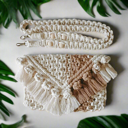 Handwoven Macrame Handbag for Women | Elegant Light Brown & Off-White Ladies Handbag