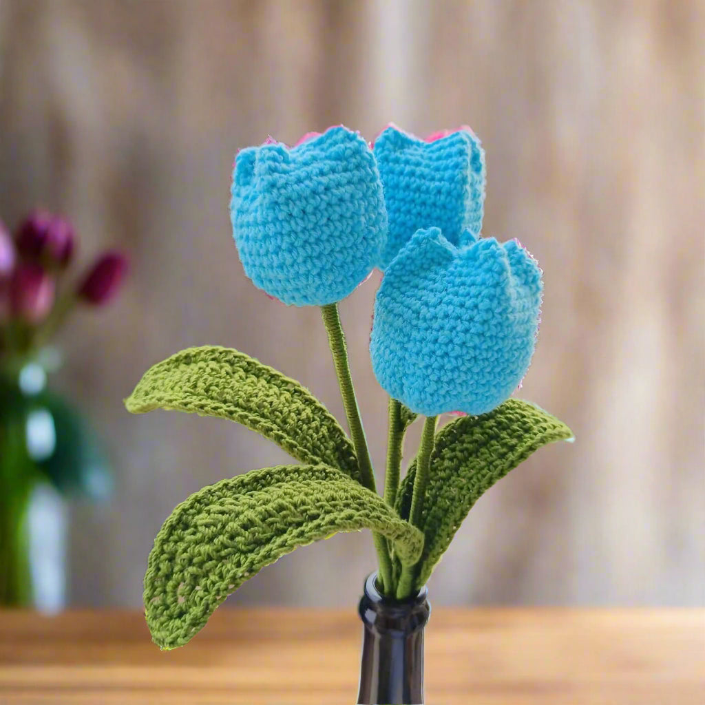 Crochet Tulip Flowers For Decor and Gift | White & Light Blue Decorative Blossoms