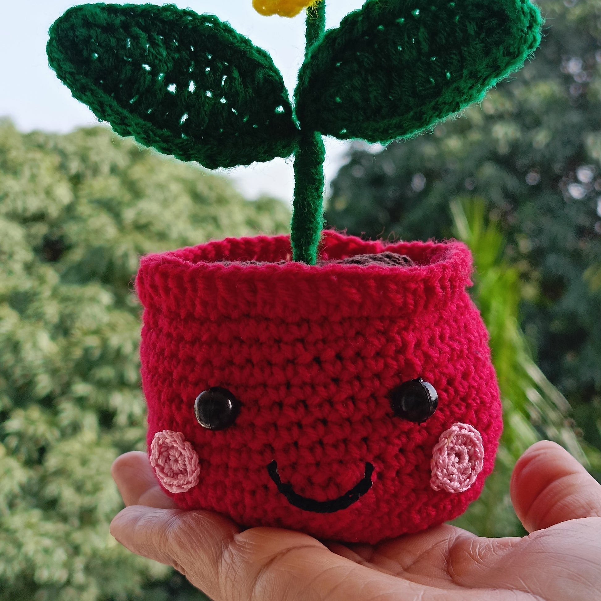 Crochet Sunflower in Red Pot with Smiley Face | Handmade Gift & Decor